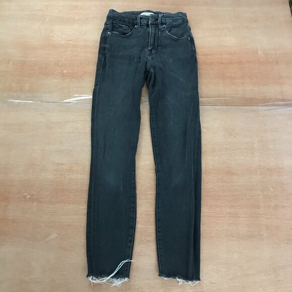 Good American Good Legs Jeans Women size 00/24 Black Frayed Hem Straight Leg - Picture 1 of 12